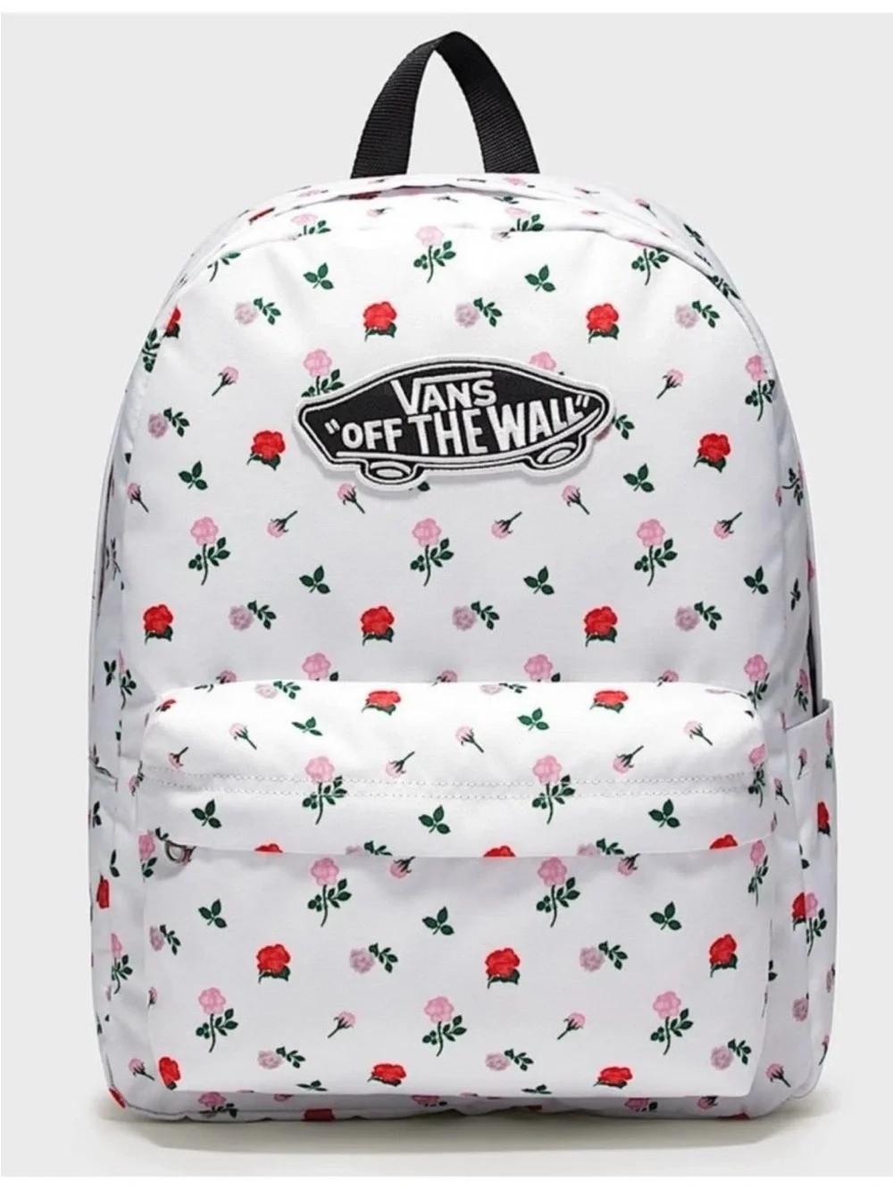Vans White Floral Backpack with Red and Pink Roses